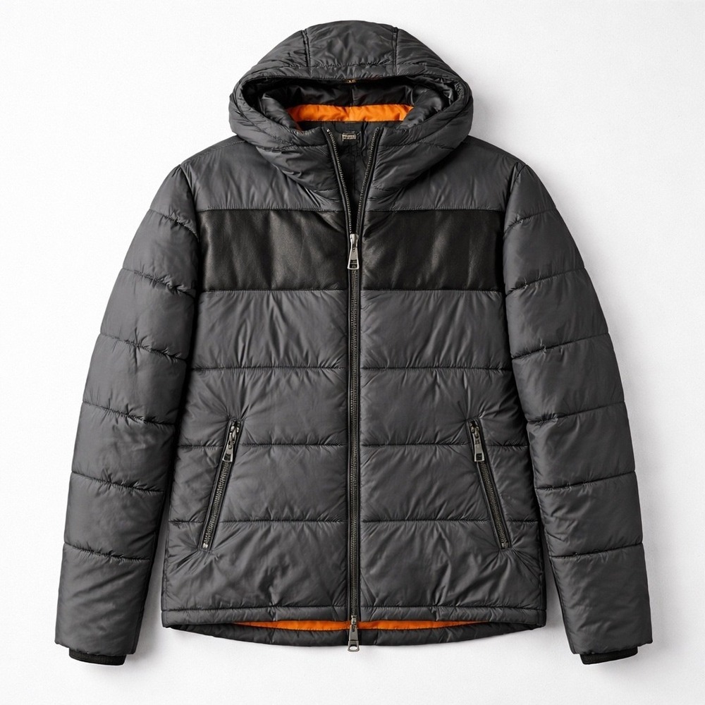 Marciano Mens Black Puffer Jacket Hooded  Faux Leather Panel Orange Lining L NWT